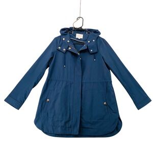 LOFT Womens XS Navy Blue Hooded Anorak Utility Jacket Gold Hardware Zip Front